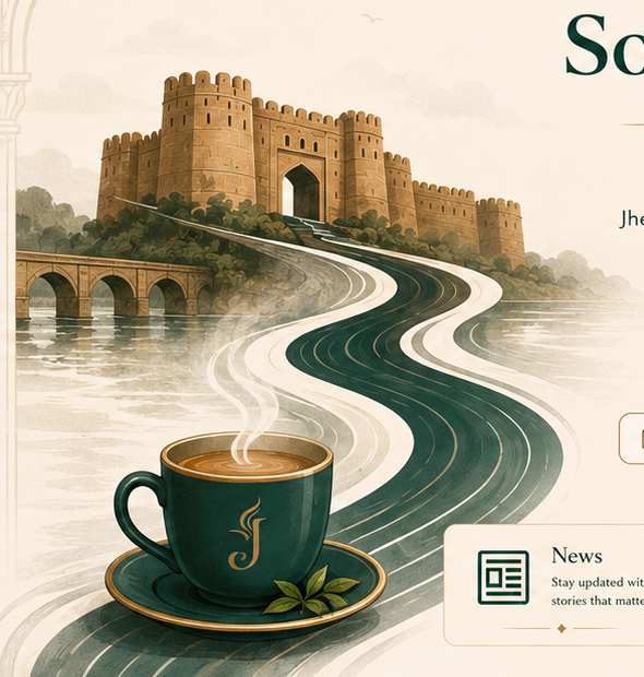 Illustration of Rohtas Fort, the Jhelum River and a cup of chai